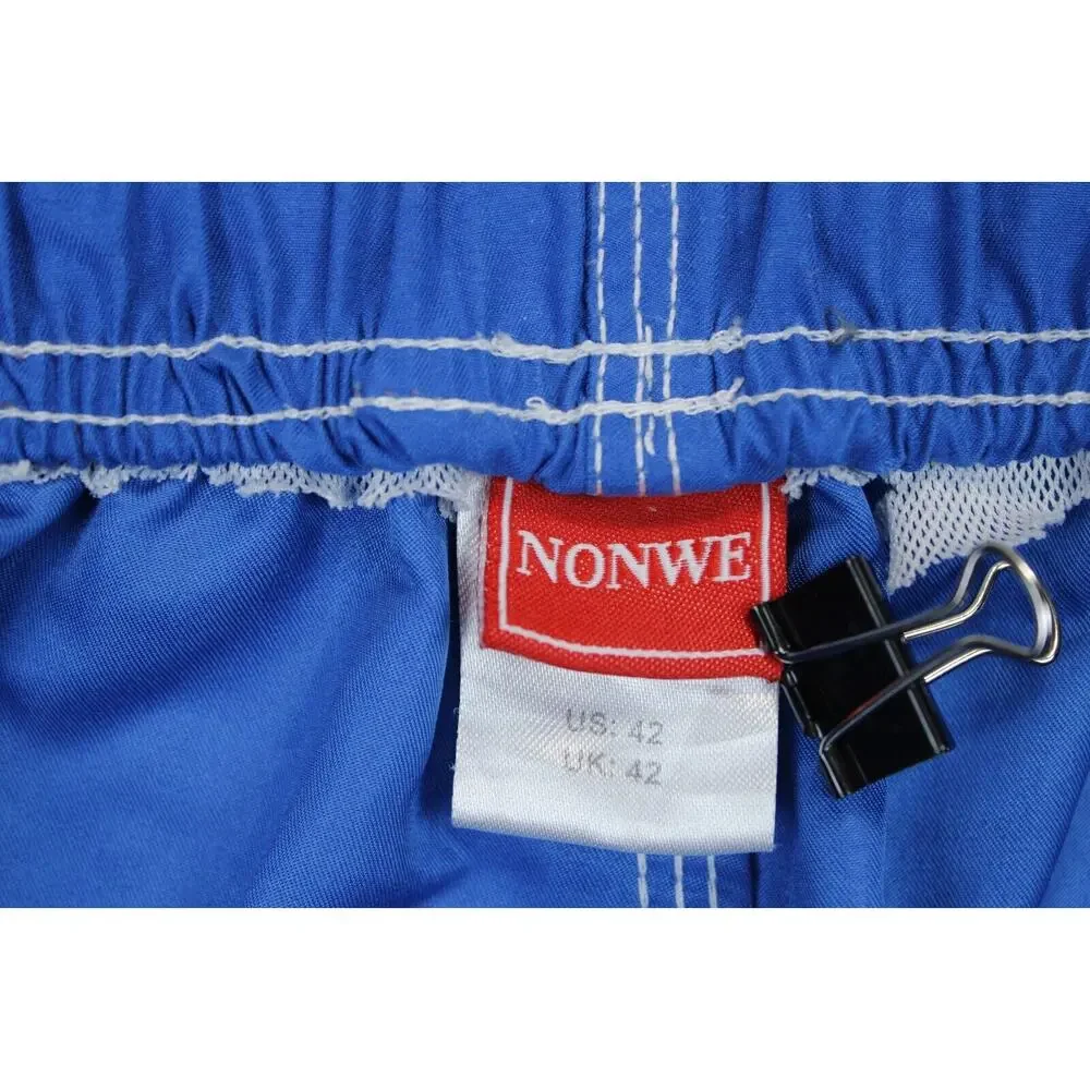 Nonwe Cargo Swim Trunks Men 38 Drawstring White Side Stripe Blue Beach Shorts